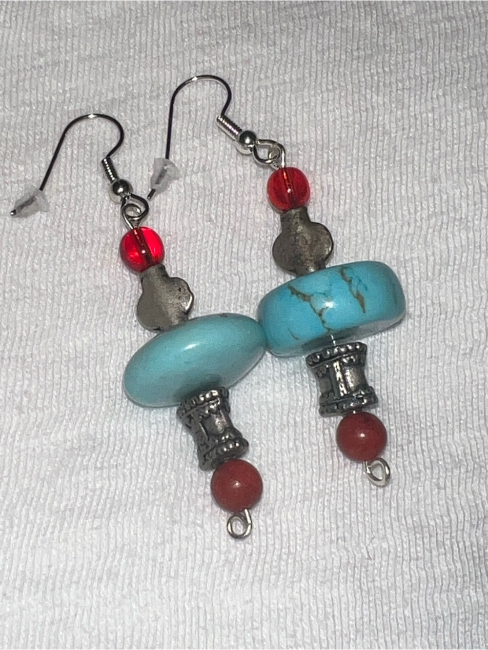 Turquoise & Red Bead Drop Earrings - Boho Chic